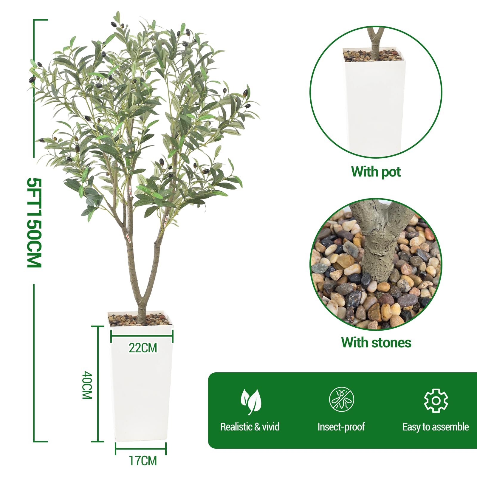 Arbre artificiel Garvee de 1,5 m (5 pi) pour intérieur, réaliste, facile à nettoyer, matériau de haute qualité, décoratif et polyvalent pour la maison et le bureau, vert.