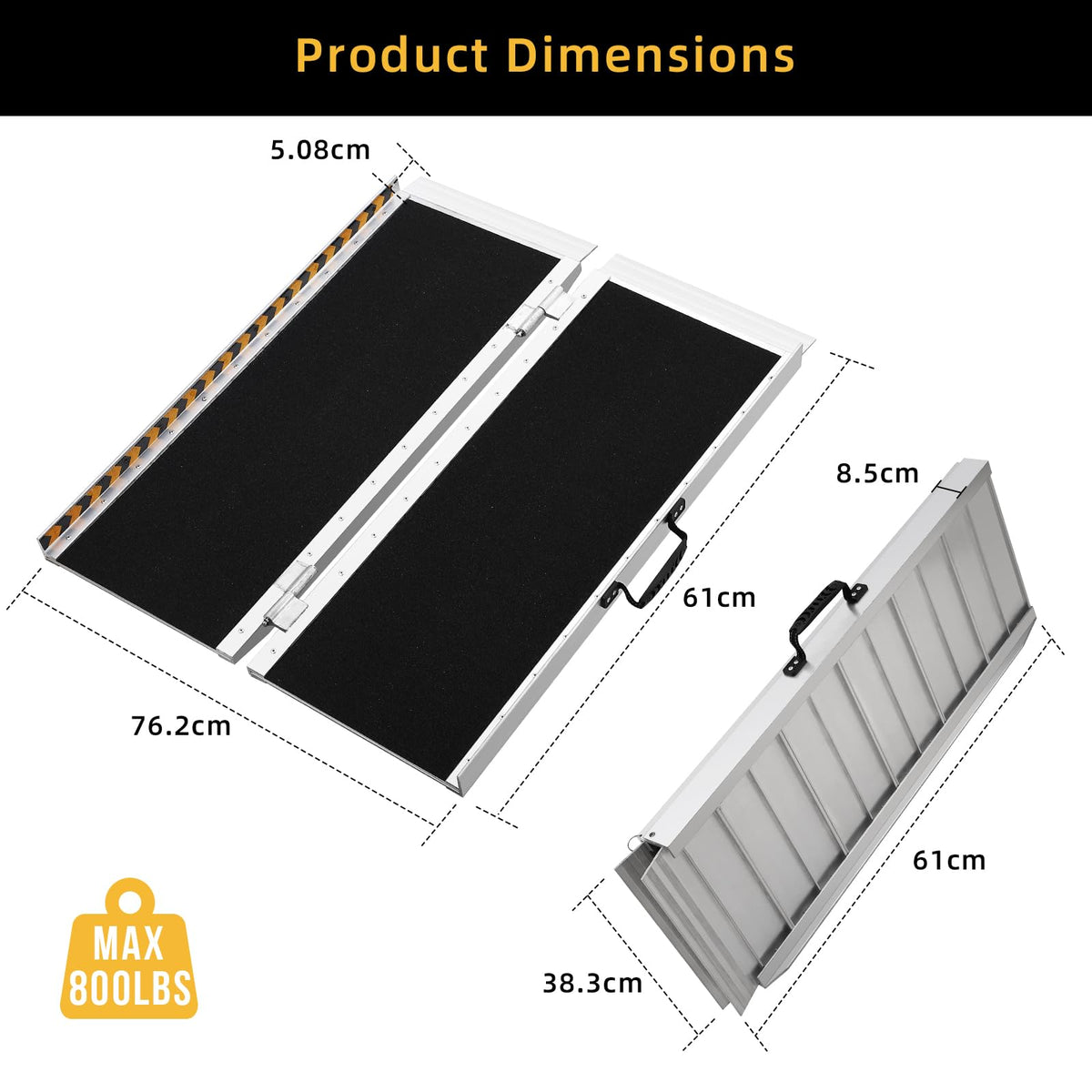 Garvee Rampe PMR portable en aluminium 61cm, surface antidérapante, seuil d’accès pour maison, voiture, trougetoir, marches