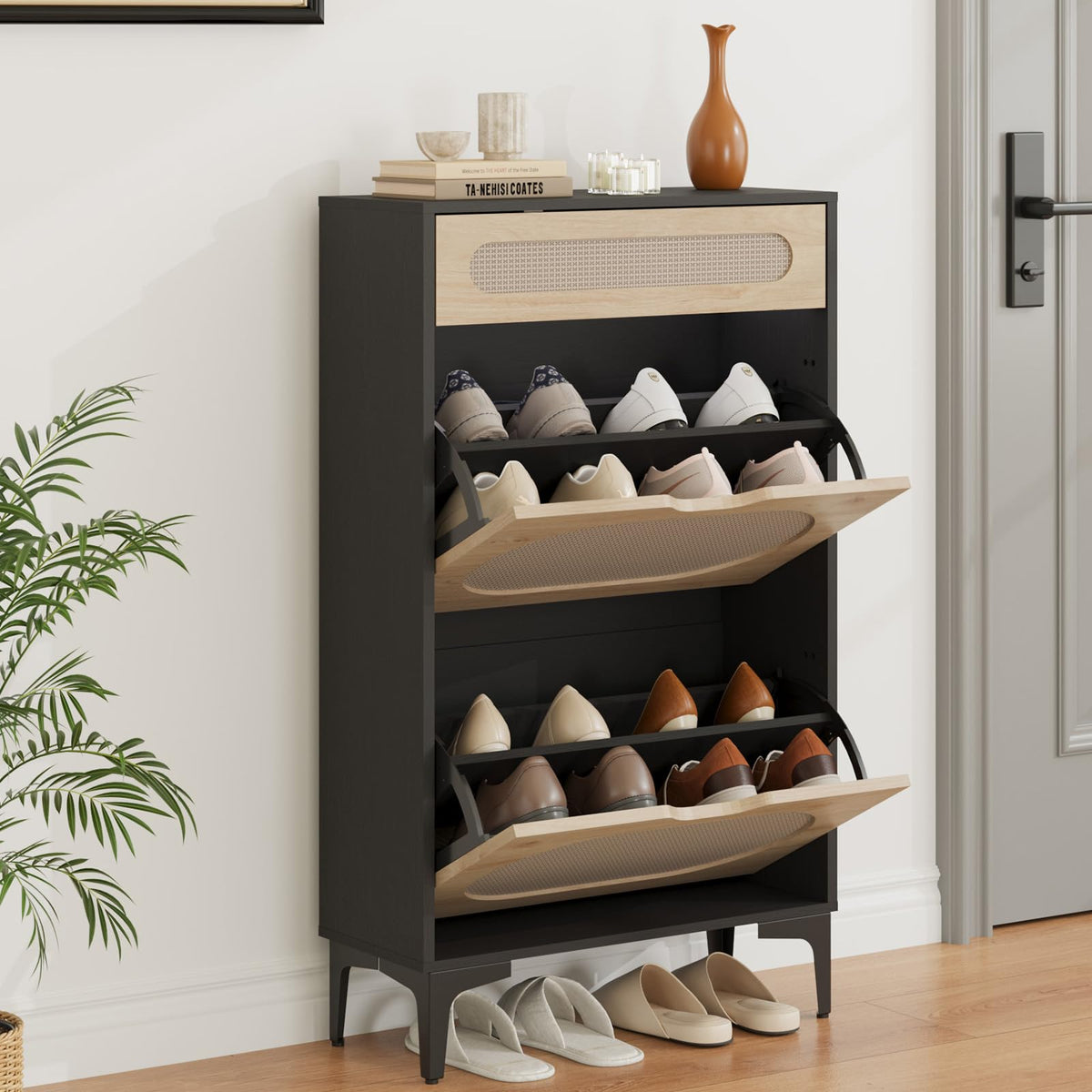 Meuble à chaussures Garvee en rotin avec 2 tiroirs pliants et 1 tiroir coulissant pour entrée et couloir, 3 étagères réglables, noir, robuste et respirant