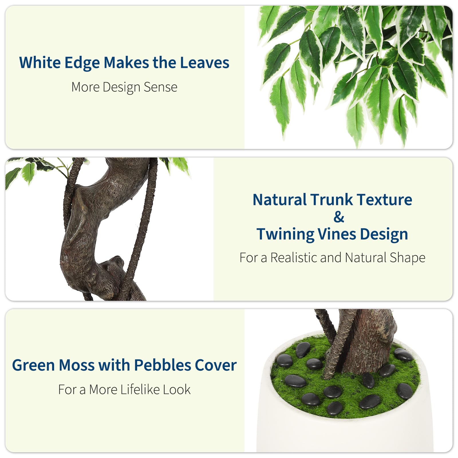Garvee Ficus artificiel panaché blanc 150 cm en PE durable, plante réaliste pour décoration intérieure et extérieure