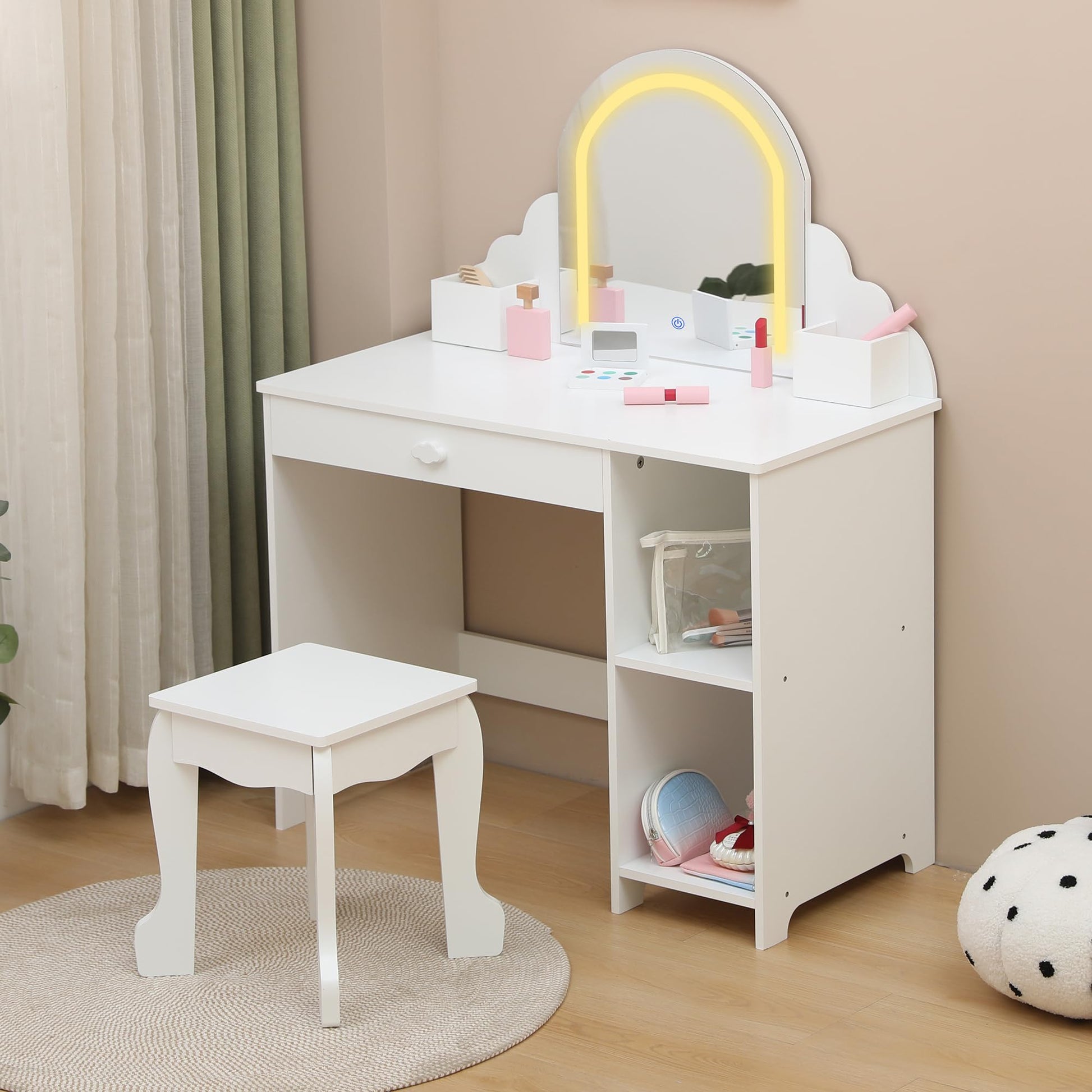 Garvee Coiffeuse Enfant avec Miroir Lumineux et Tabouret, LED Réglable, Grand Rangement, MDF Sûr, pour Chambre ou Salle de Jeux, Blanc