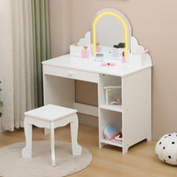 Garvee Coiffeuse Enfant avec Miroir Lumineux et Tabouret, LED Réglable, Grand Rangement, MDF Sûr, pour Chambre ou Salle de Jeux, Blanc