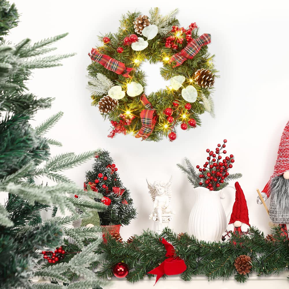 Couronne de Noël GARVEE 45 cm avec 15 lumières LED, pommes de pin et baies pour décorer portes et fenêtres, matériaux naturels, style champêtre festif