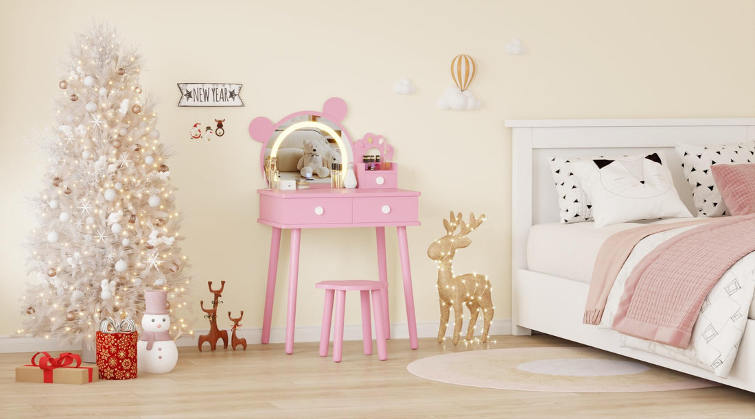 Coiffeuse Garvee pour enfant avec éclairage LED et rangement, forme ours, bois, miroir réglable, tabouret fleuri pour salle de jeux, 55 cm (L) x 38 cm (l) x 101 cm (H), couleur naturelle