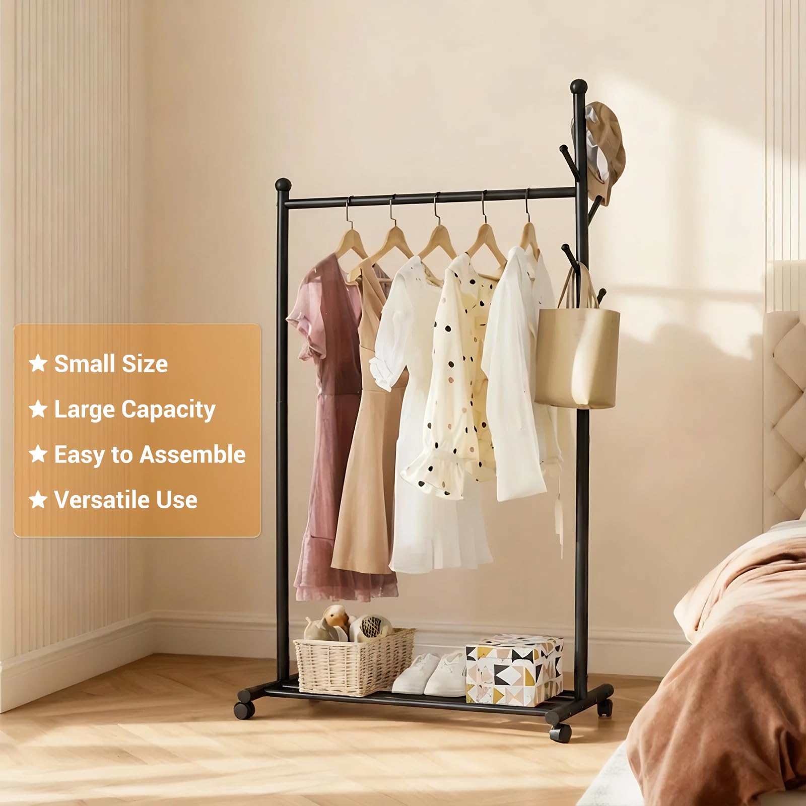 Portant à vêtements en métal Garvee avec roulettes, capacité de charge de 54 kg, roulettes pivotantes à 360°, métal durable, crochets pour chambre et salon, 105 x 43 x 170 cm, noir