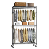 Garvee porte-vêtements roulant 3 niveaux acier bambou noir pour chambre et buanderie 40 × 115 × 194 cm