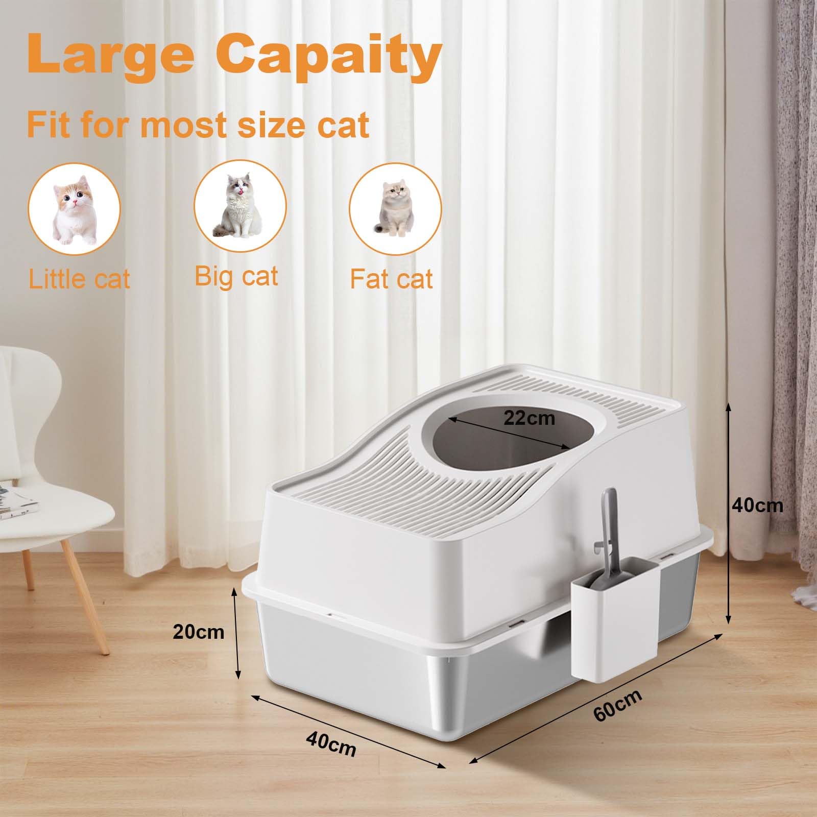 Garvee Bac à litière en acier inoxydable avec couvercle, pour chats jusqu'à 15 kg, usage domestique, silencieux, pelle incluse