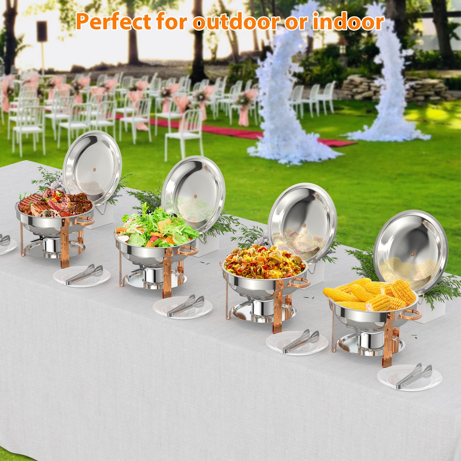 Ensemble de 6 pièces Garvee : réchauds ronds de 5 pintes en acier inoxydable doré rose, design rond, parfaits pour les traiteurs et les mariages.