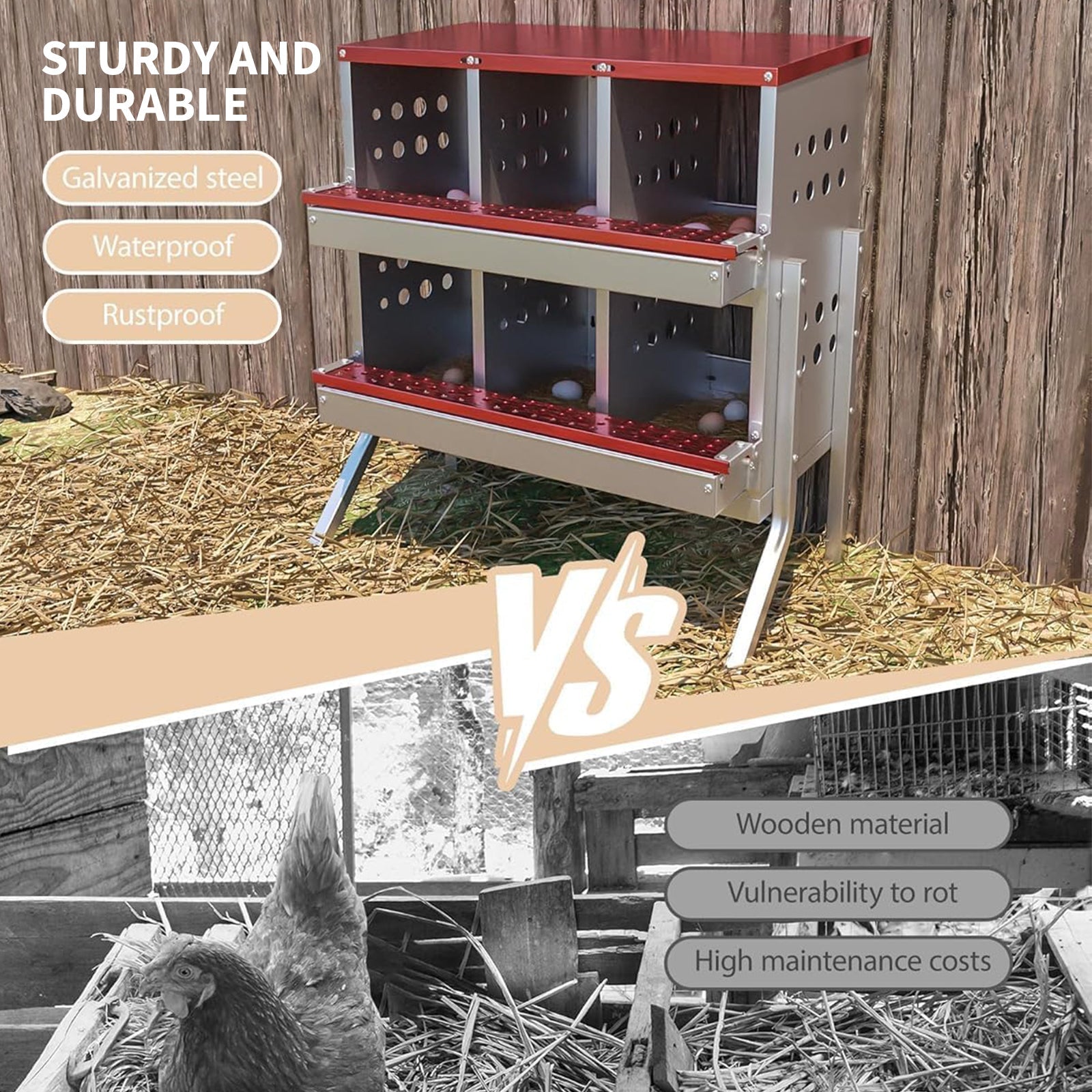 Nichoirs Garvee pour poules, 6 compartiments, en métal, dimensions totales avec support : 69 x 43 x 78 cm, dimensions par compartiment : 23 x 25 x 21,5 cm, acier galvanisé étanche, pour 6 poules (rouge)