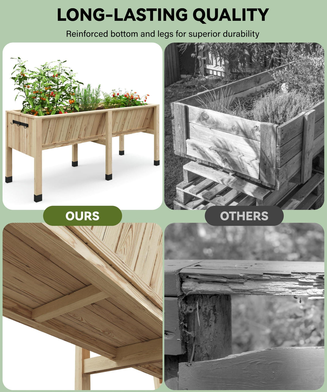 Garvee Jardinière surélevée en cèdre naturel 183 x 66 x 77 cm, avec crochets, stable et ergonomique, pour plantes, patio et balcon, couleur naturelle