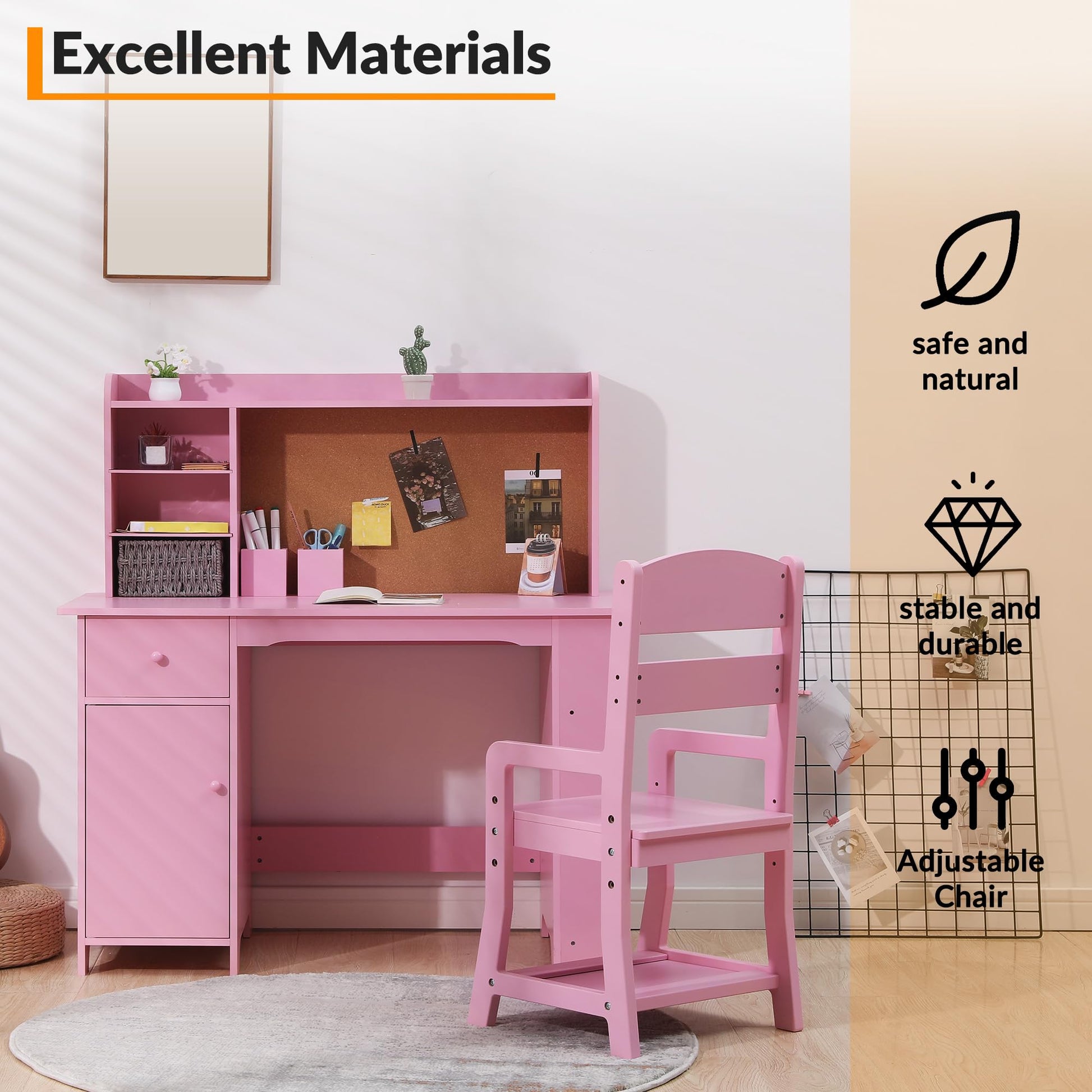 Ensemble bureau enfant Garvee avec étagère et tiroir pour garçons et filles de 3 à 8 ans, en bois rose, pour l'apprentissage et la salle de jeux.