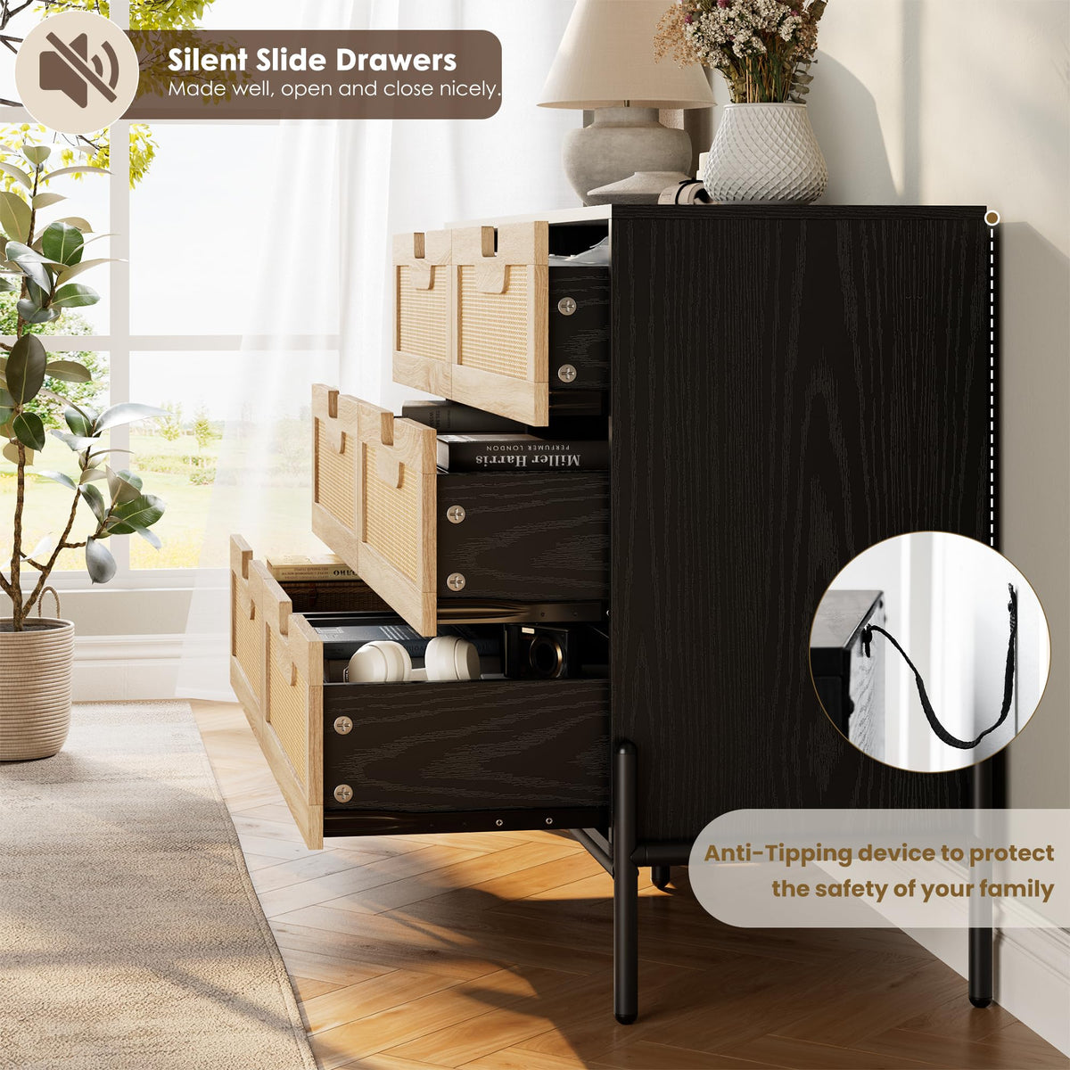 Garvee commode en rotin naturel à 6 tiroirs, pieds en bois et métal, idéale pour la chambre et le salon, imperméable et résistante