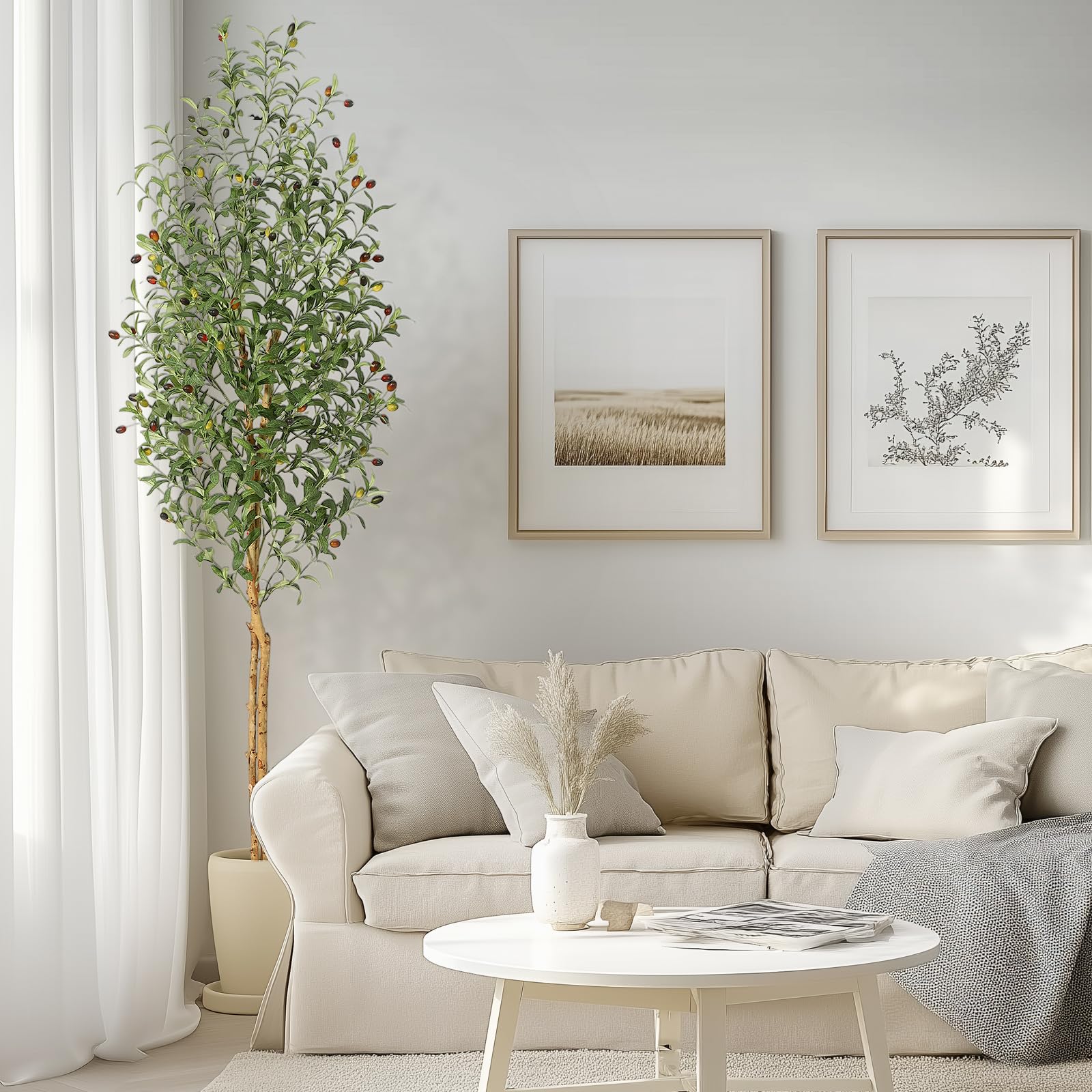 Olivier artificiel Garvee de 2,13 m (7 pi) avec 2 troncs en bois, 1152 feuilles en soie, pot en ciment blanc, décoration de salon, branches ajustables, vert réaliste