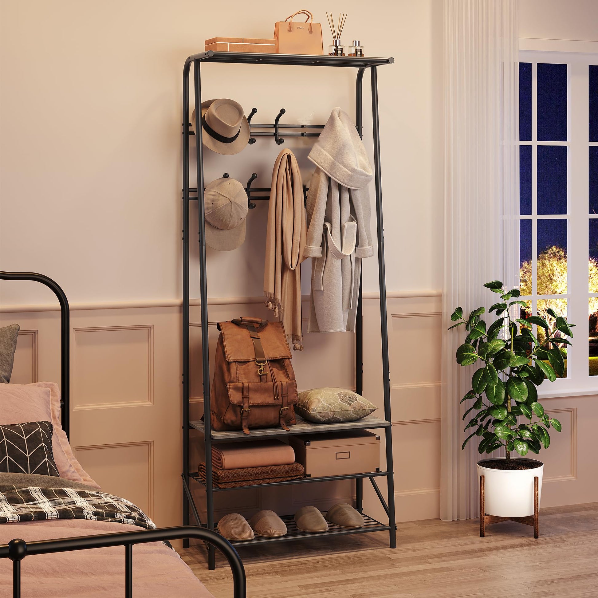 Garvee Banc d'entrée multifonctionnel 4 en 1 – Avec 8 crochets, un porte-chaussures, une structure en métal aspect bois, robuste et pratique pour l'entrée et le couloir.