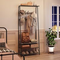 Garvee Banc d'entrée multifonctionnel 4 en 1 – Avec 8 crochets, un porte-chaussures, une structure en métal aspect bois, robuste et pratique pour l'entrée et le couloir.
