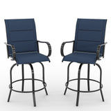Garvee Lot de 2 tabourets de bar extérieurs pivotants 360°, assise 70cm, textilène bleu rembourré, dossier haut et accoudoirs - Bleu & rembourré