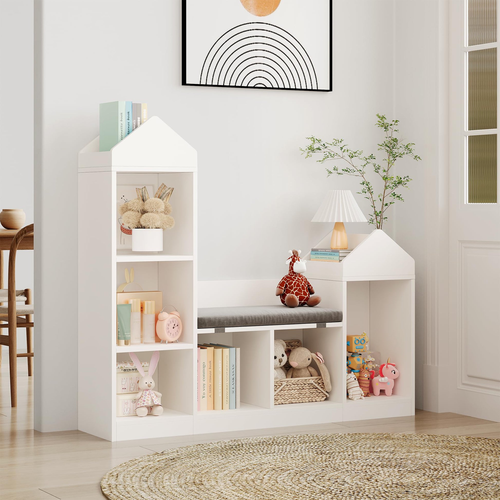 Bibliothèque Garvee pour enfants avec coin lecture, 6 étagères, en bois, design moderne avec toit intégré, idéale pour les chambres d'enfants et les salles de classe, 17,5 x 121,3 x 3 cm