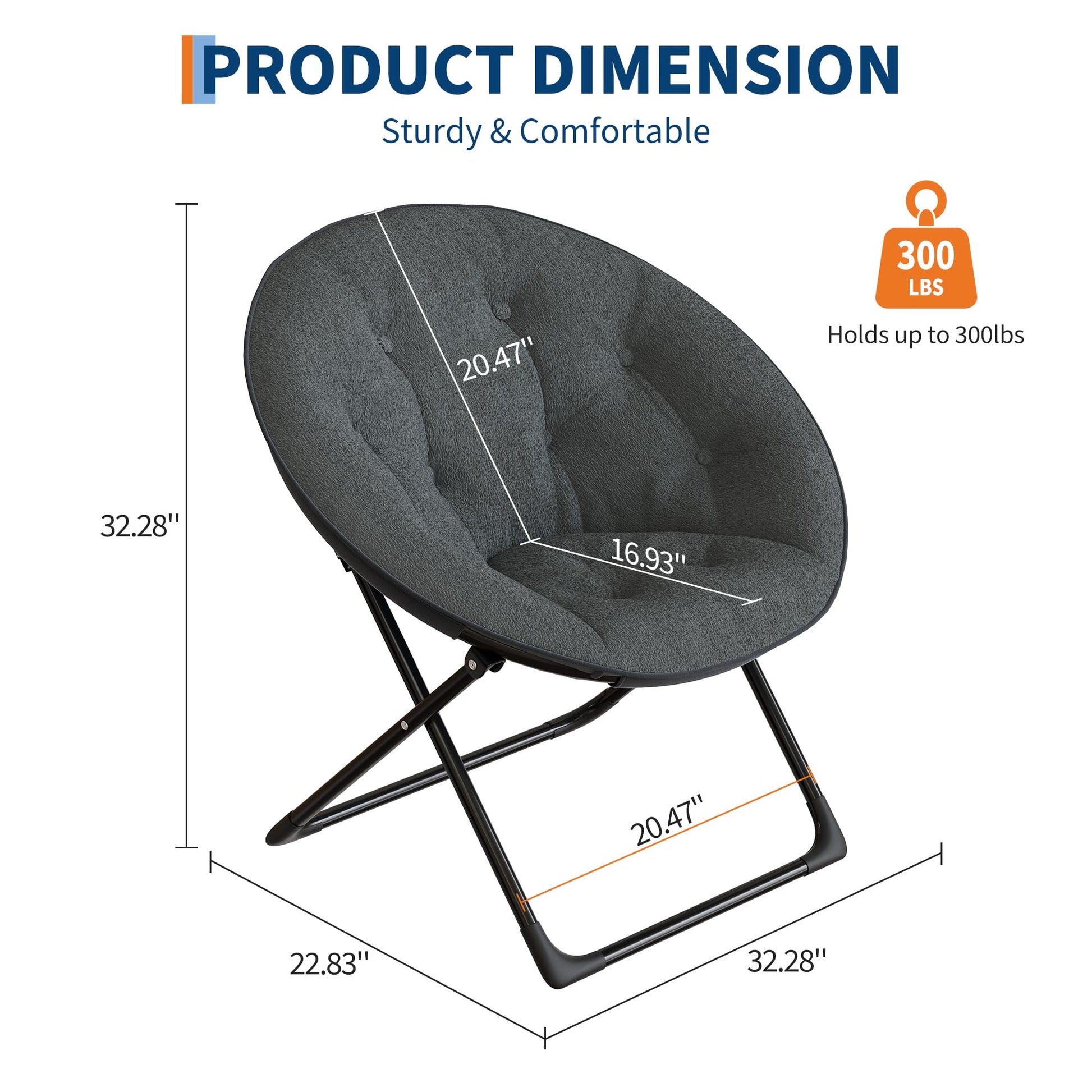 Fauteuil soucoupe pliable Garvee en fausse fourrure avec structure en métal, gris, confortable et portable, idéal pour la chambre et le jardin.