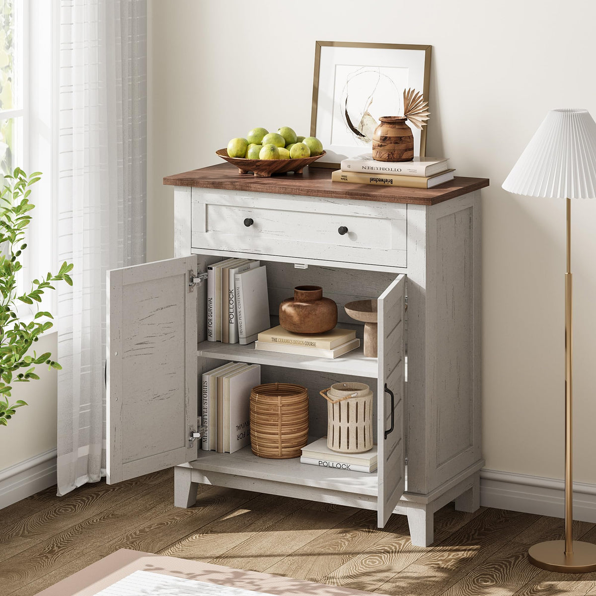 Garvee Meuble de rangement style ferme, étagère réglable à 3 niveaux, 7 positions, bois rustique, pour cuisine et salle à manger, 40 × 80 × 91 cm, marron