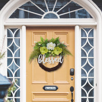Couronne de porte Garvee Printemps-Été 61 cm (24 pouces) Hortensia vert, panneau « Béni », artificielle, faite à la main, résistante aux intempéries pour porte d'entrée et usage intérieur