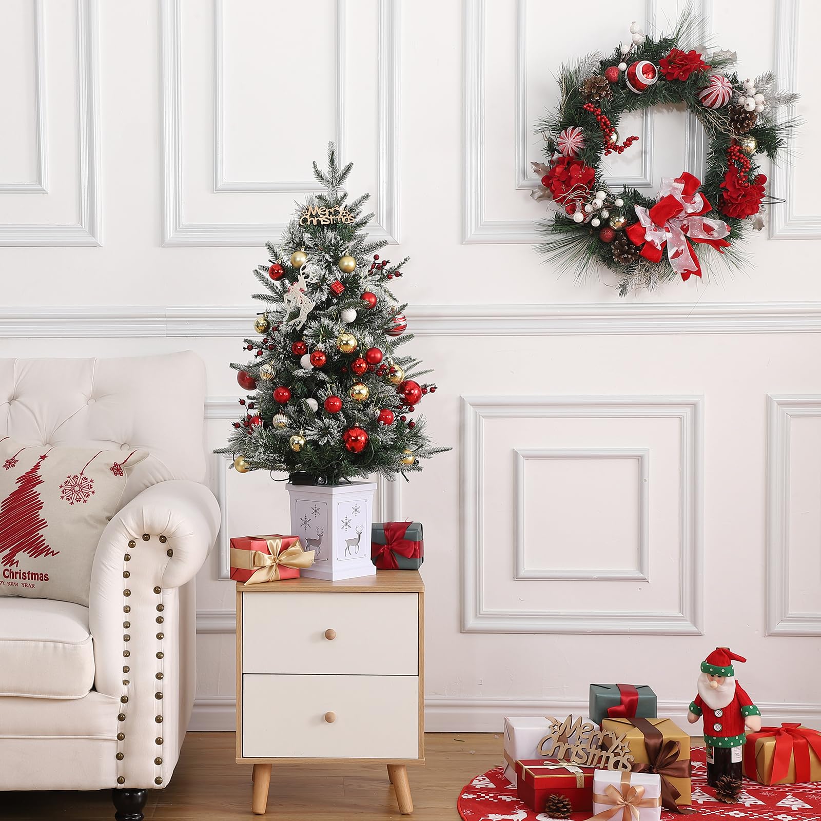 Sapin de Noël artificiel Garvee, 1 pièce – 90 cm, 78 LED (blanc chaud), 8 modes d'éclairage, pied en X, fibre optique, effet givré