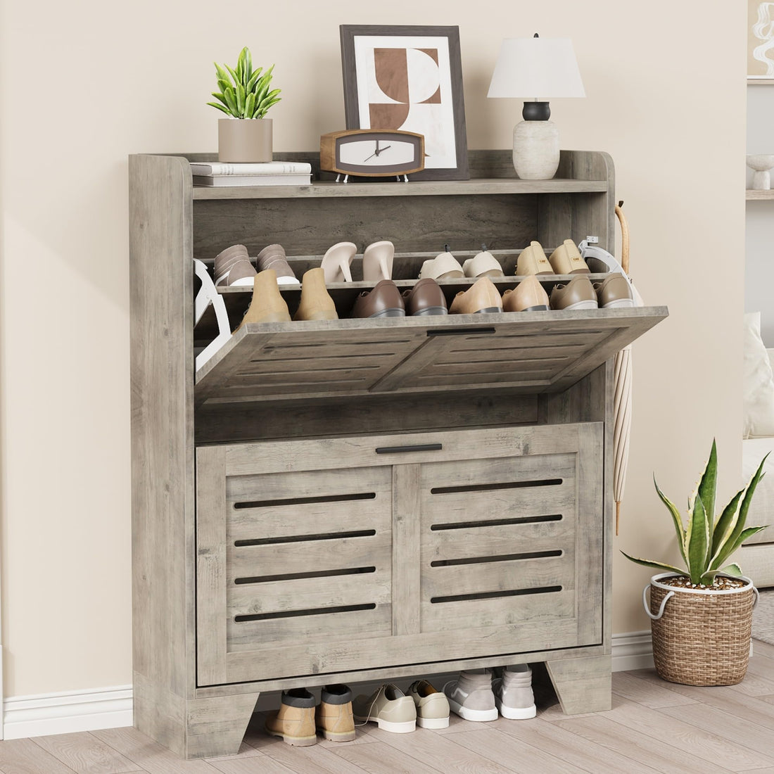 Meuble à chaussures Garvee pour entrée, avec 2 tiroirs abattants, en bois gris P2, ventilé, résistant aux rayures, étroit, profondeur 35 cm