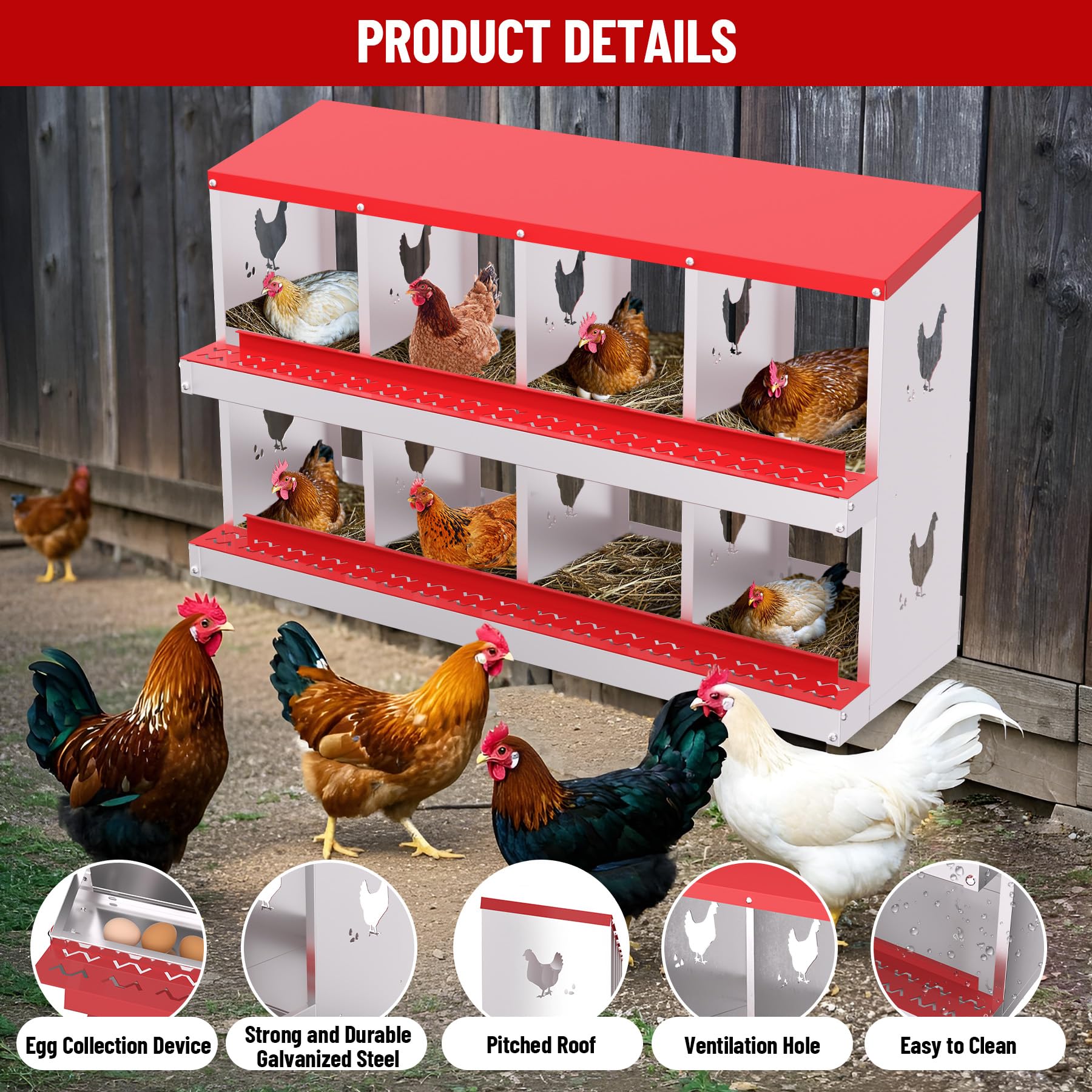 Garvee pondoir pour poules à 8 compartiments en acier galvanisé, résistant à la rouille, durable et ventilé, collecte des œufs facile, idéal pour poulailler