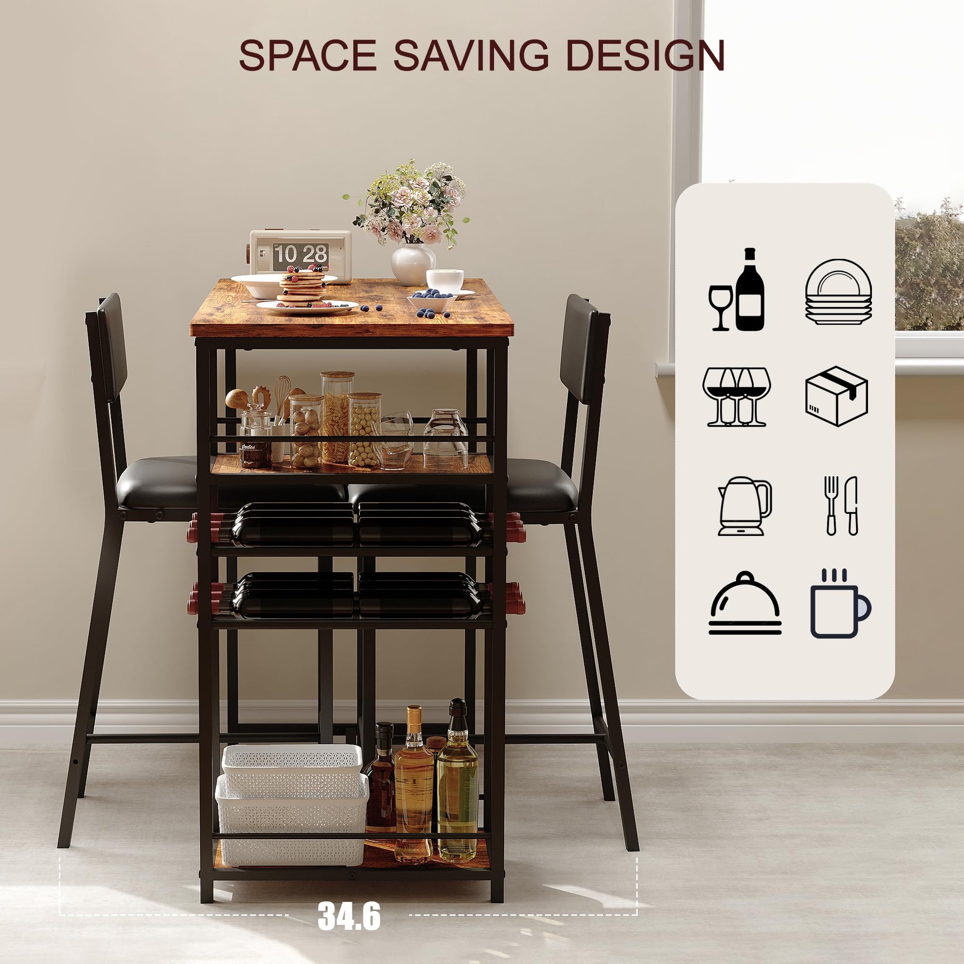 Table de salle à manger Garvee pour 2 personnes avec 4 compartiments de rangement, porte-gobelet et casier à vin, structure robuste en acier, design rustique en bois, idéale pour les petits espaces, compacte, marron