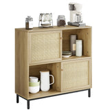 Garvee buffet en bois avec portes en rotin, 2 compartiments, robuste et stable, pieds en bois, pour le salon et la cuisine, naturel
