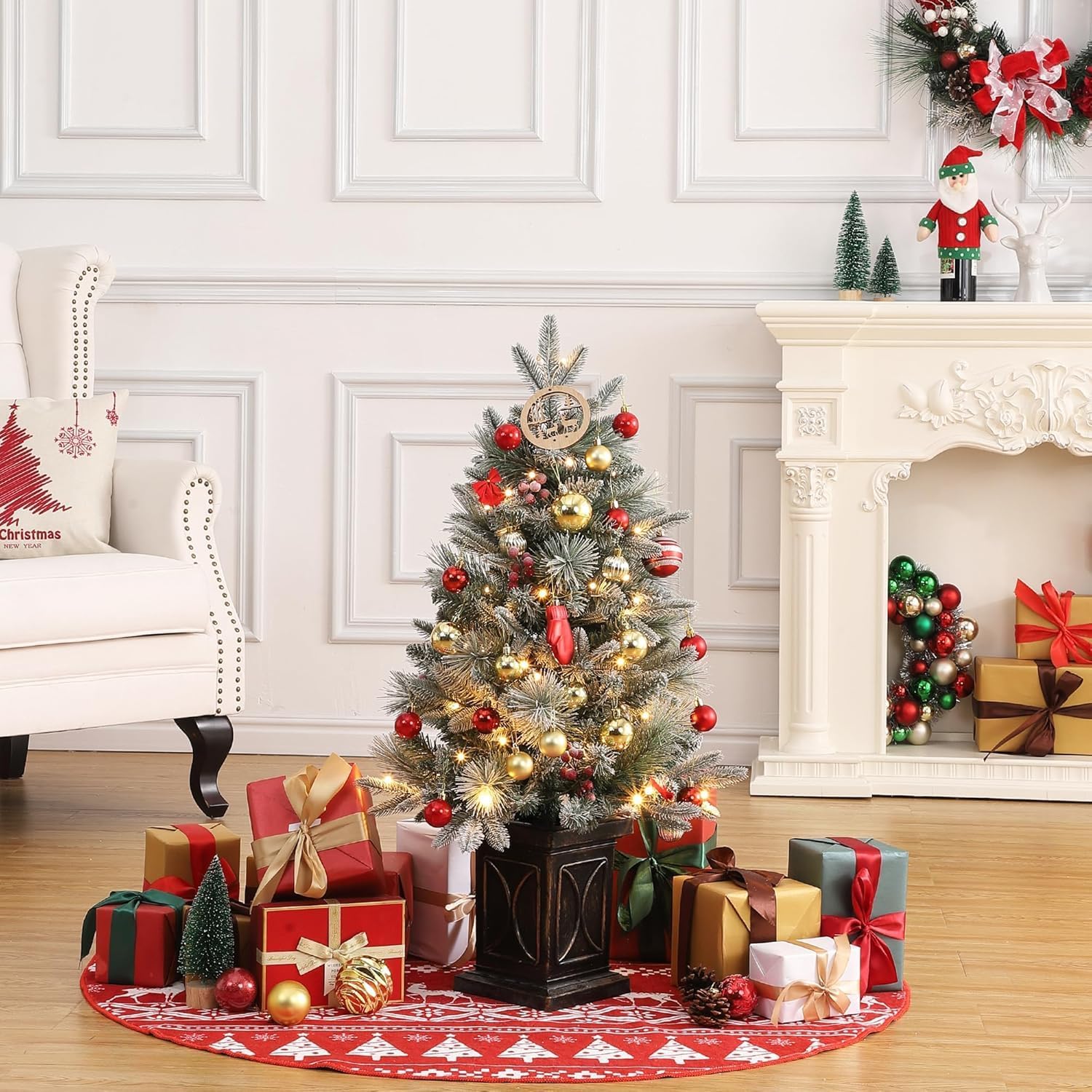 Sapin de Noël artificiel Garvee, 1 pièce – 90 cm, 78 LED (blanc chaud), 8 modes d'éclairage, base semi-circulaire, fibre optique, effet givré