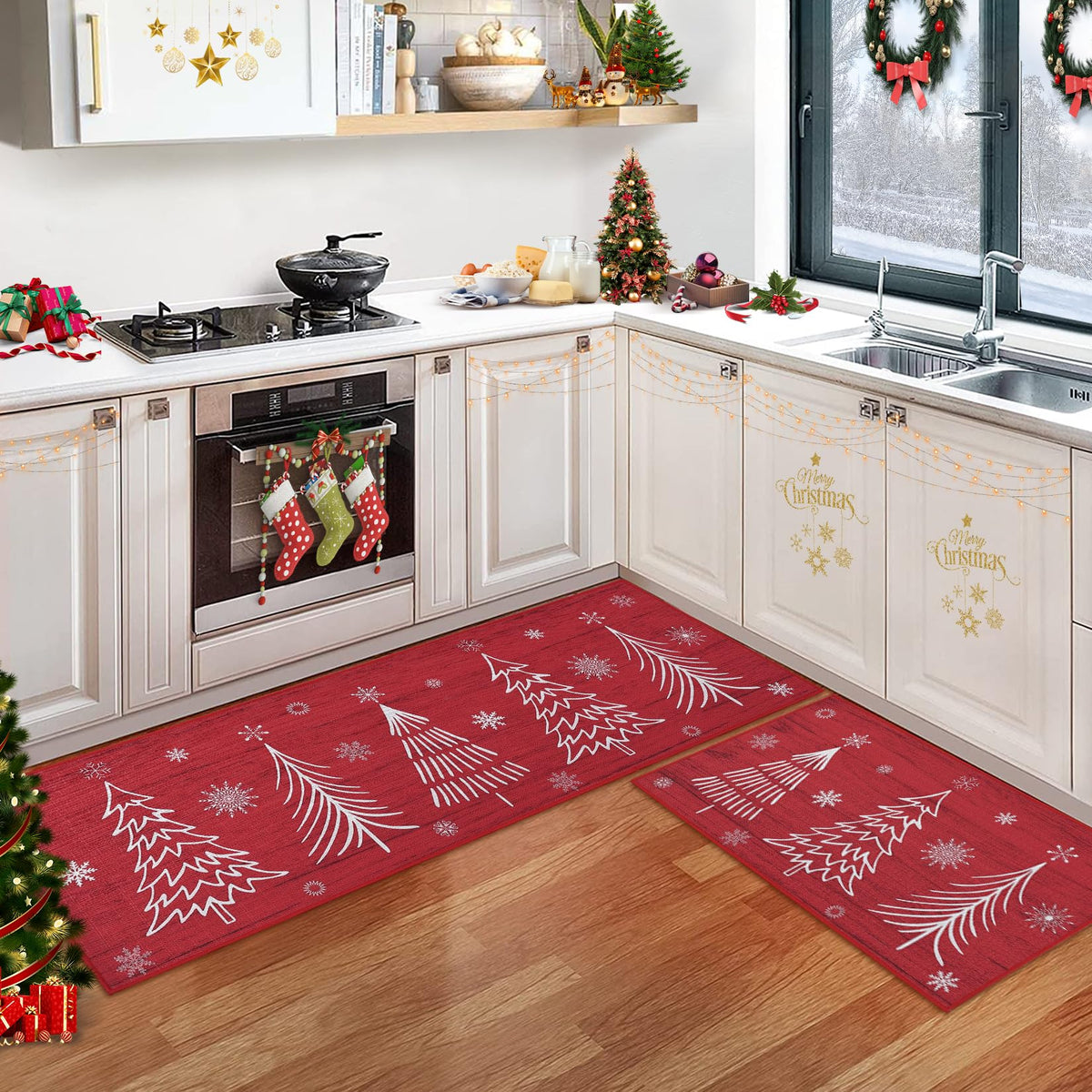 Ensemble de tapis de cuisine Garvee pour Noël, antidérapant, 2 pièces, 40 x 60 cm + 40 x 120 cm, Joyeux Noël, rouge et vert