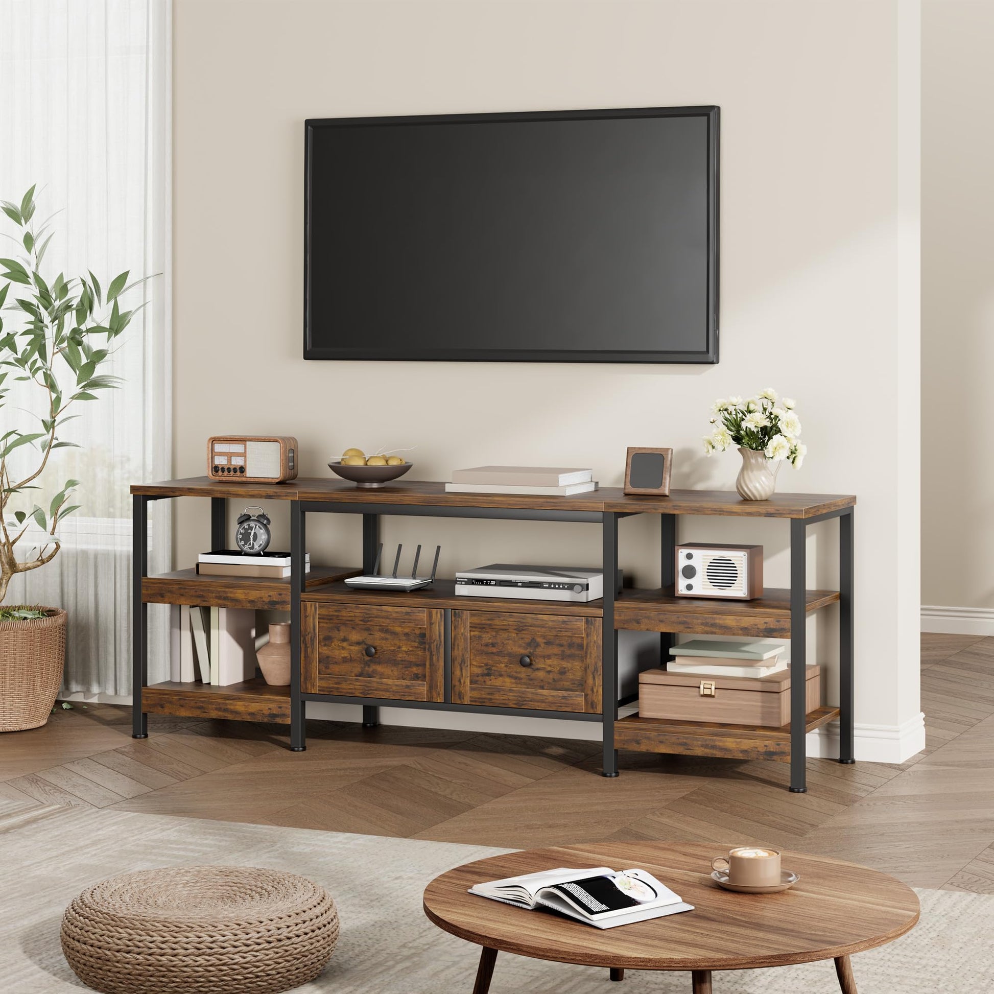 Meuble TV industriel Garvee 71 pouces avec 2 tiroirs, structure en MDF et acier, marron rustique pour salon et bureau