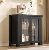 Garvee buffet armoire avec portes en verre trempé, bois naturel, poignées métalliques, pour salon et salle à manger, 80 cm - Noir