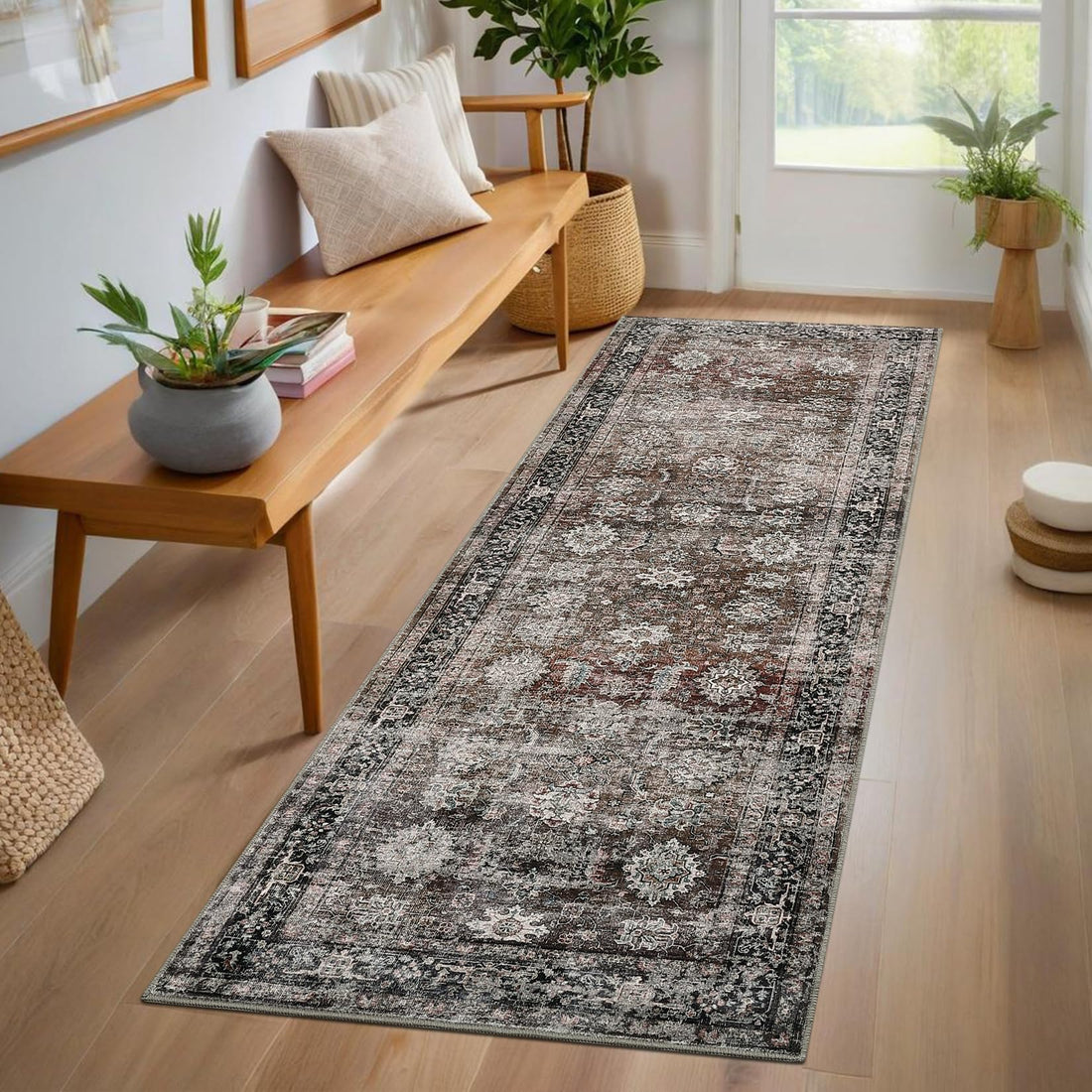 Tapis Garvee lavable style vintage tissé à plat, antidérapant, pour salon, chambre, cuisine, aspect doux et usé, design moderne
