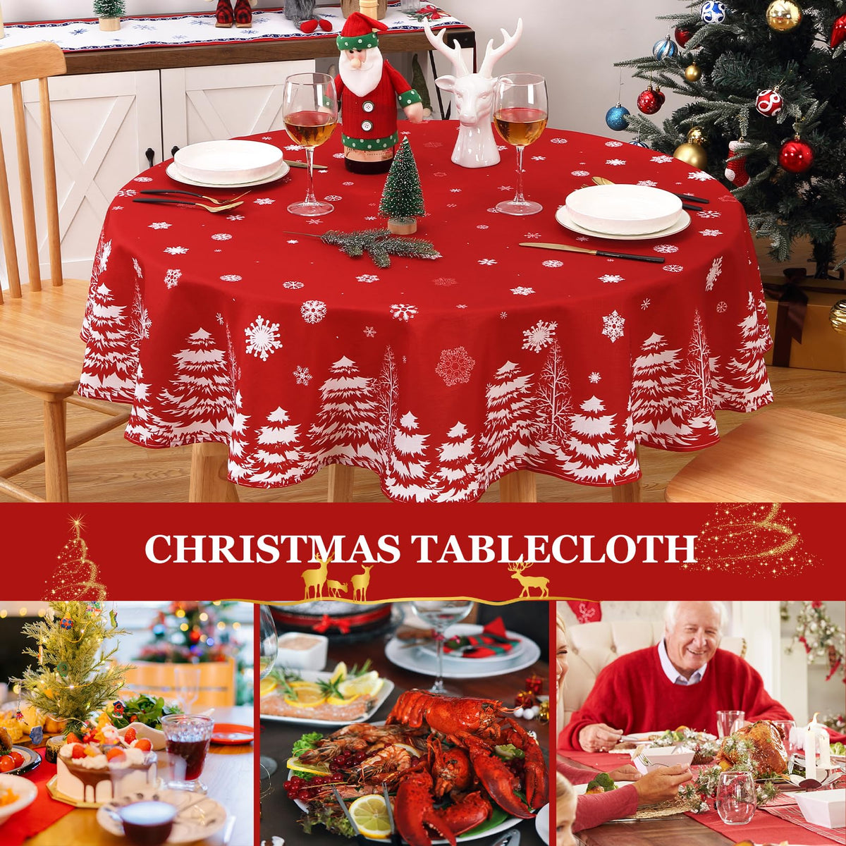 Garvee Nappe de Noël ronde à motif flocons de neige et épingles, déperlante, en polyester, idéale pour les fêtes de Noël et du Nouvel An, Rouge, 152 cm