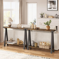 Console Garvee style ferme, 110 cm, avec rangement, 2 niveaux, structure en métal, MDF, brun rustique, pour entrée, salon ou couloir.