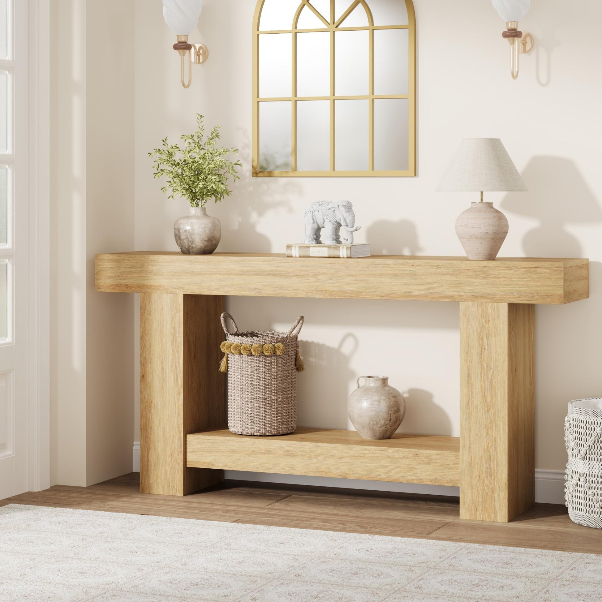 Garvee Table Console 160 cm en Bois Massif avec 2 Étagères, Style Maison de Campagne, pour Salon et Entrée, Bois naturel