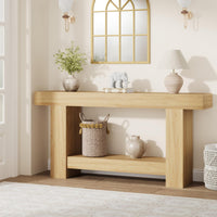 Garvee Table Console 160 cm en Bois Massif avec 2 Étagères, Style Maison de Campagne, pour Salon et Entrée, Bois naturel