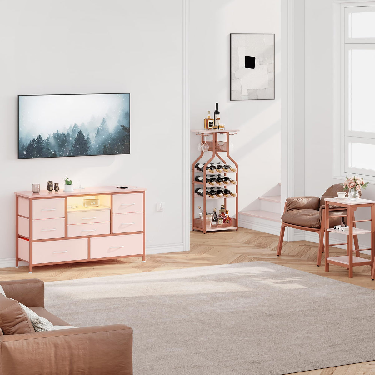 Garvee Meuble TV à 8 tiroirs avec éclairage LED et prise électrique pour salon et chambre, en MDF, éclairage RGB, grand espace de rangement, blanc