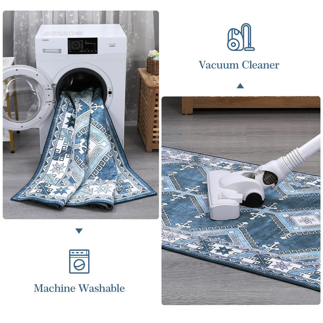 Tapis de couloir moderne Garvee, lavable en machine, motif géométrique marocain, pour salon, chambre, salle à manger ou bureau, gris-bleu