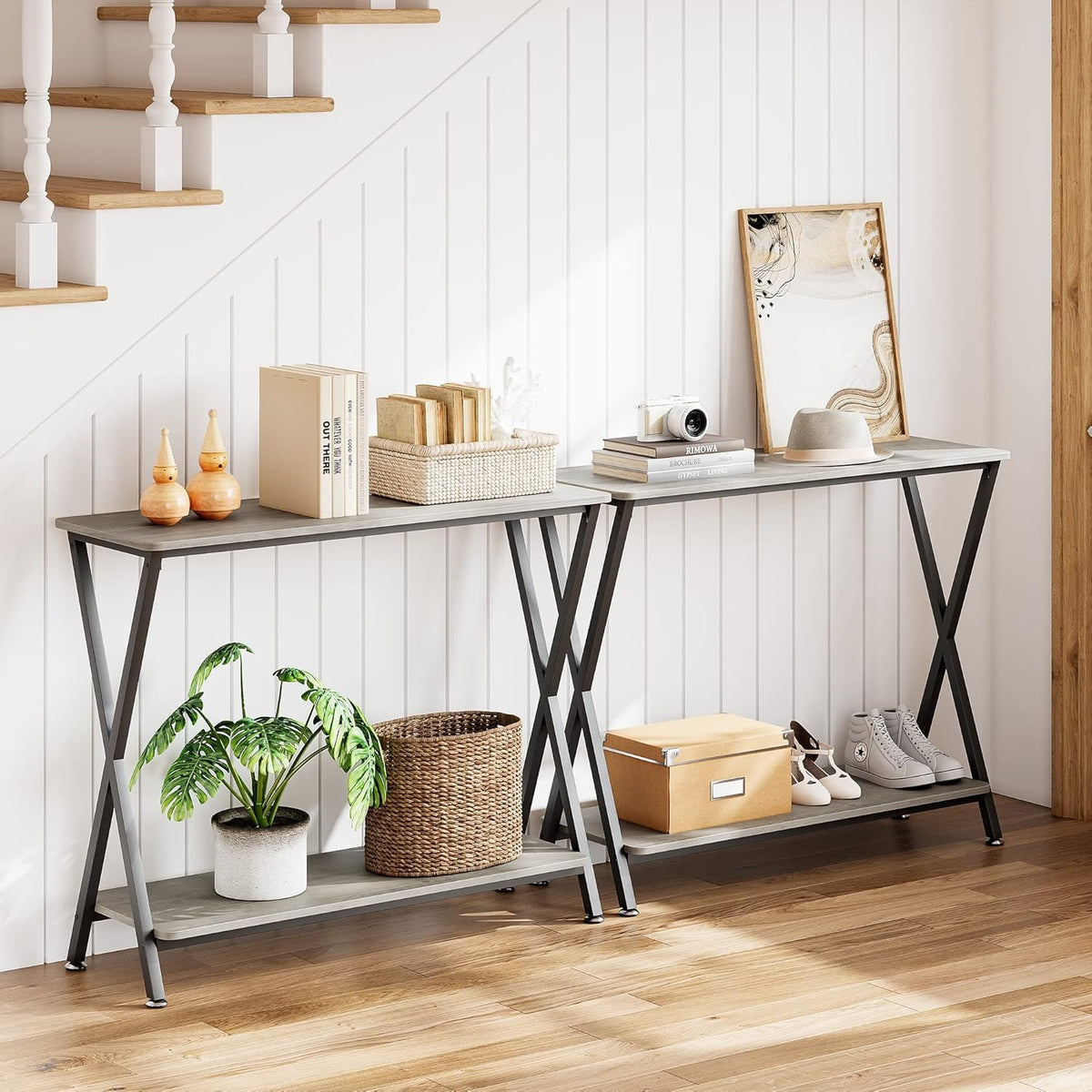 Console étroite Garvee, 2 niveaux, style industriel, bois MDF et métal, pour salon et entrée, 85 cm (L) x 30 cm (l) x 81 cm (H), noire