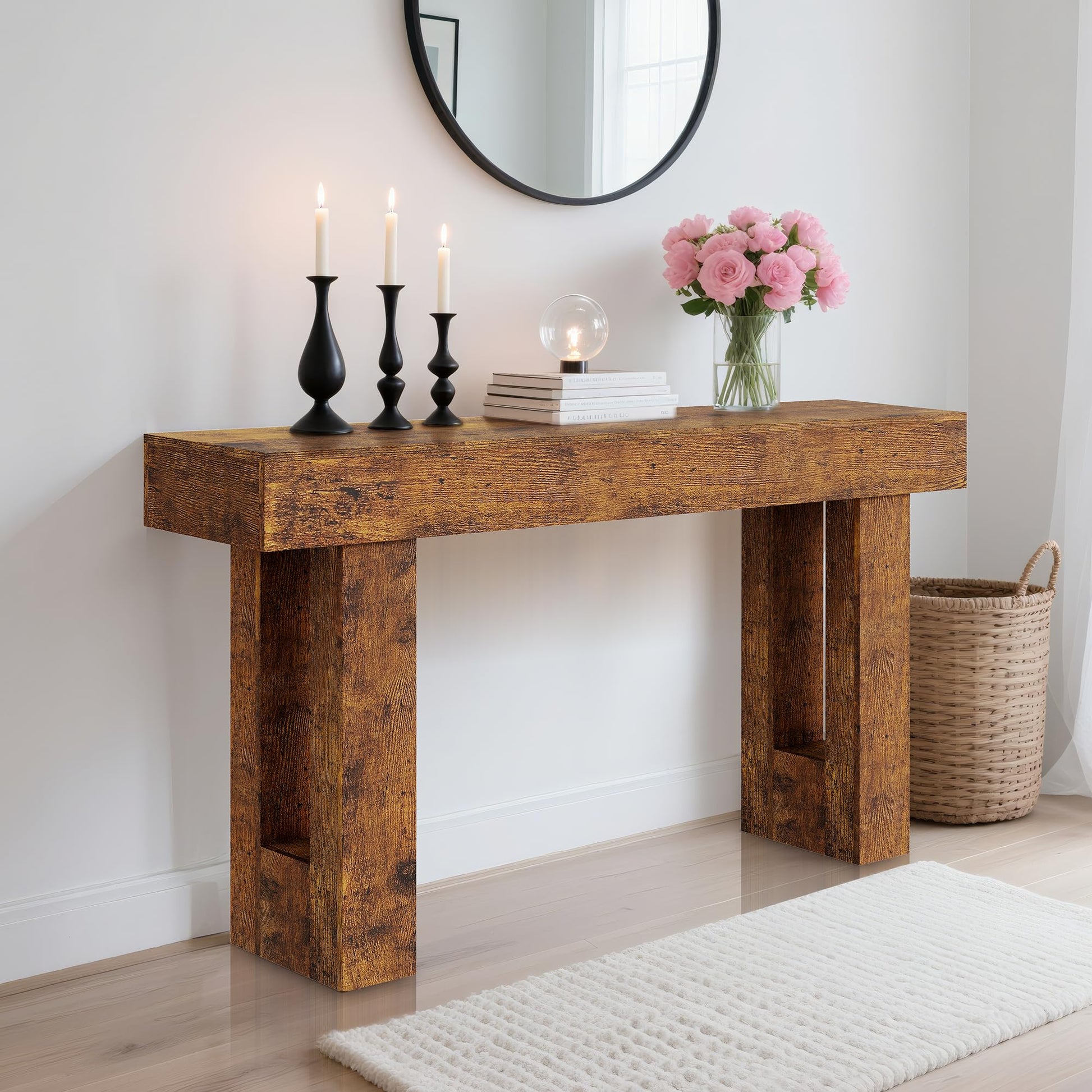 Garvee Console farmhouse 160 cm marron rustique, design minimaliste en T avec étagères ouvertes, idéale pour entrée, salon et rangement décoratif