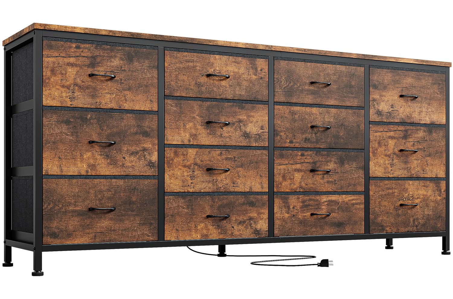 Garvee Meuble TV 160 cm pour téléviseurs 165 à 190 cm, 14 tiroirs, structure bois et tissu, prises intégrées, anti-basculement, idéal salon et chambre.