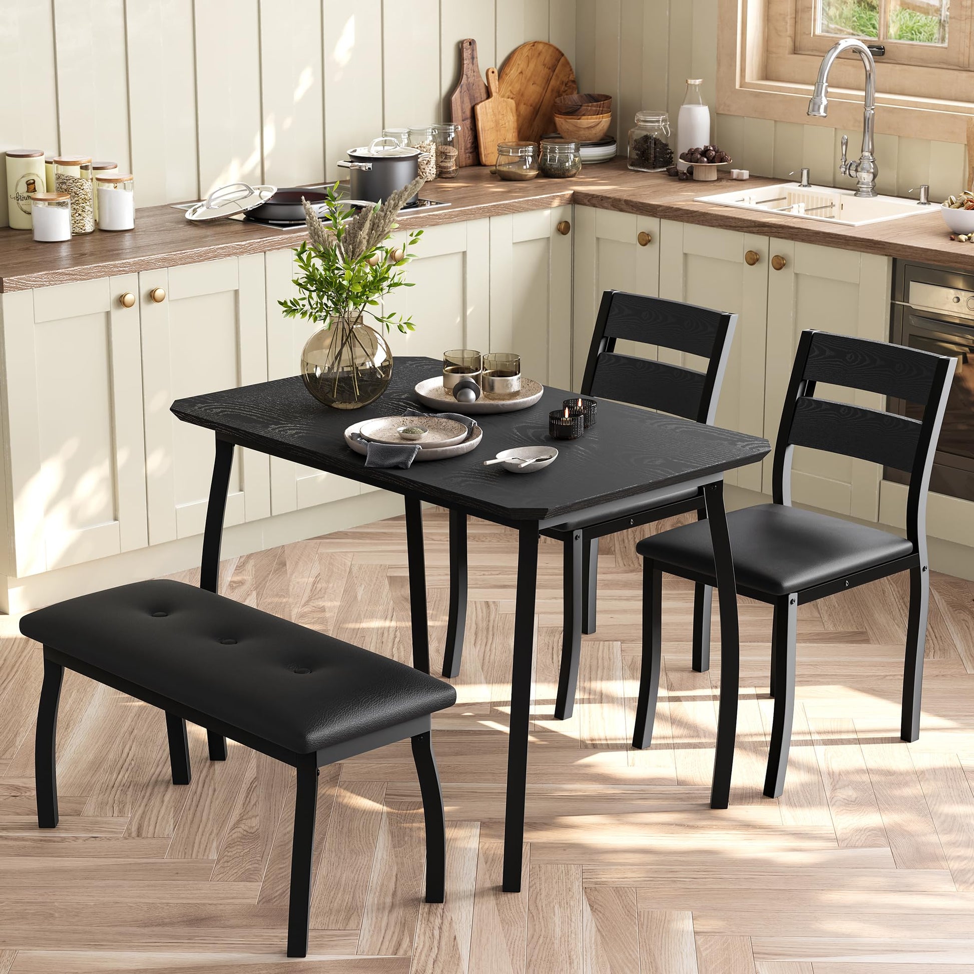 Ensemble de salle à manger Garvee pour 4 personnes, en bois et métal, comprenant une banquette rembourrée et 2 chaises, noir, idéal pour la cuisine et les réceptions, robuste et peu encombrant.