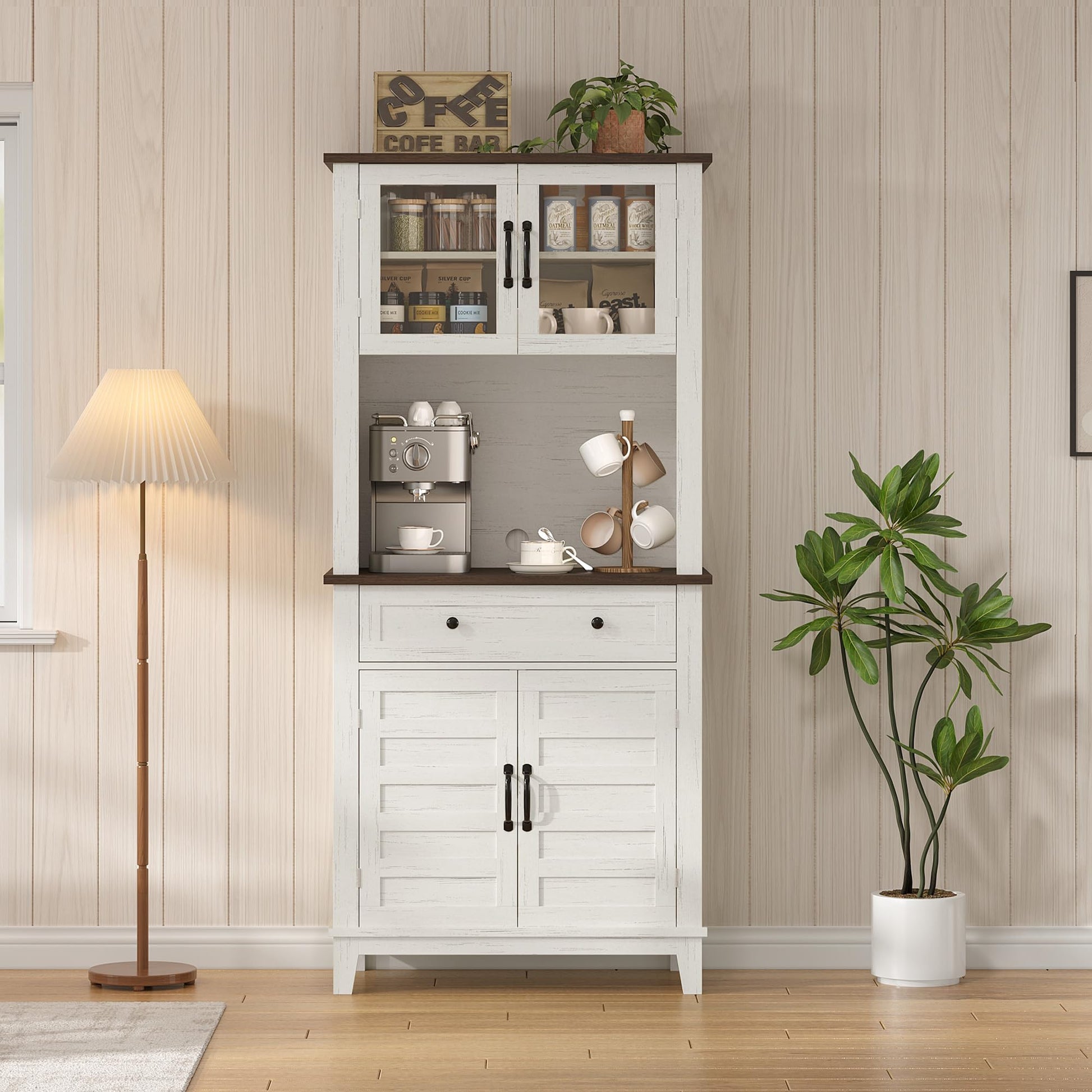 Armoire de cuisine Garvee de 183 cm de haut avec compartiment micro-ondes, espace de rangement, bois, tiroirs, portes vitrées, blanc, salle à manger