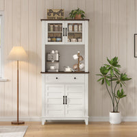 Armoire de cuisine Garvee de 183 cm de haut avec compartiment micro-ondes, espace de rangement, bois, tiroirs, portes vitrées, blanc, salle à manger