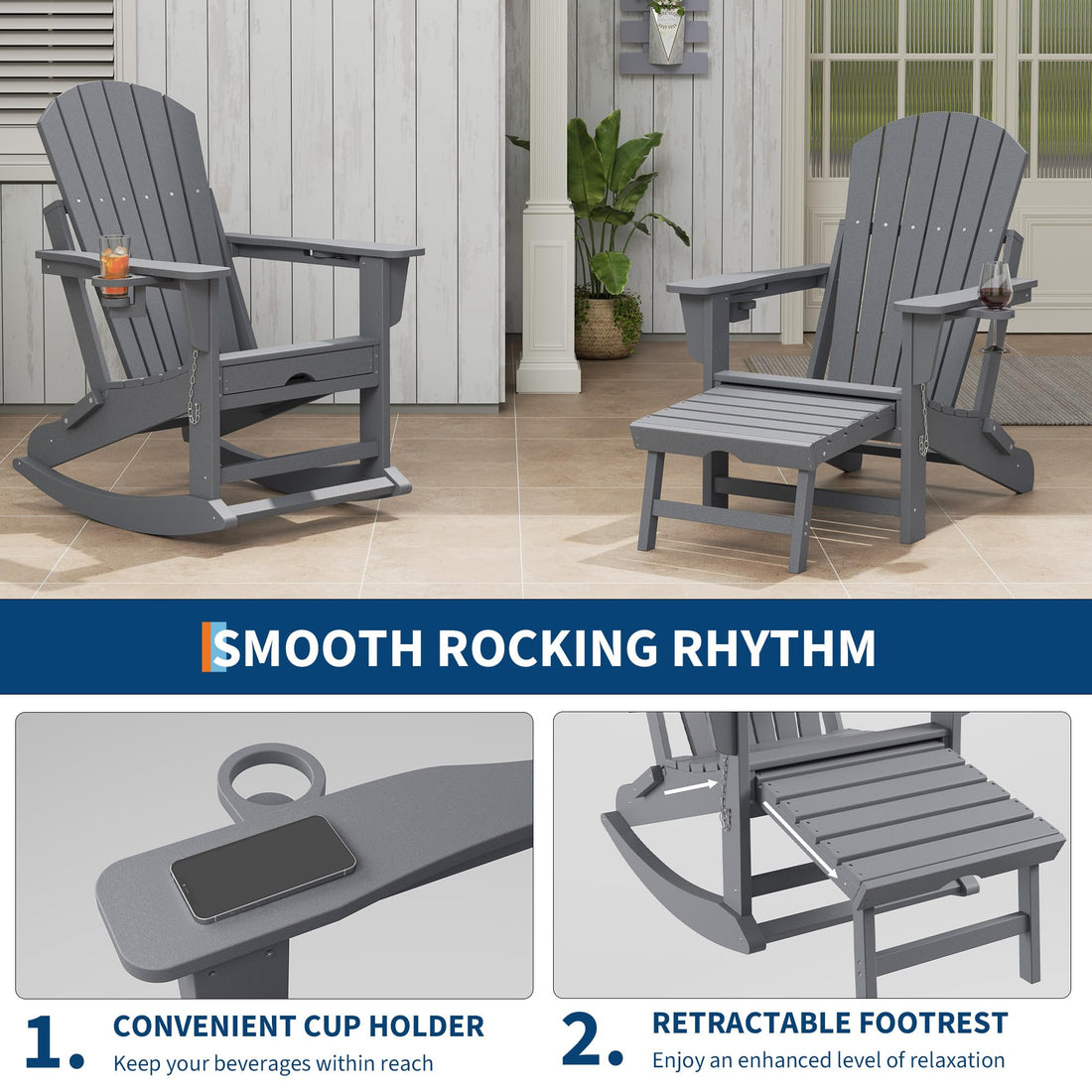 Garvee Fauteuil Adirondack 4 en 1 avec repose-pieds rétractable et porte-gobelet, pliable, HDPE résistant, pour patio et jardin, coloris naturel