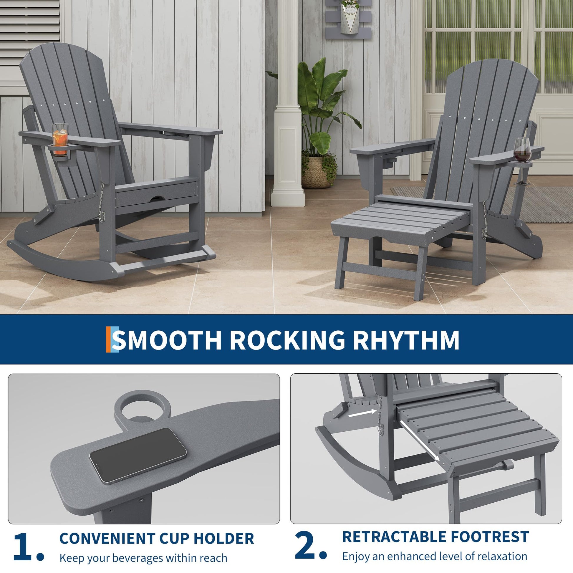 Garvee Fauteuil Adirondack 4 en 1 avec repose-pieds rétractable et porte-gobelet, pliable, HDPE résistant, pour patio et jardin, coloris naturel