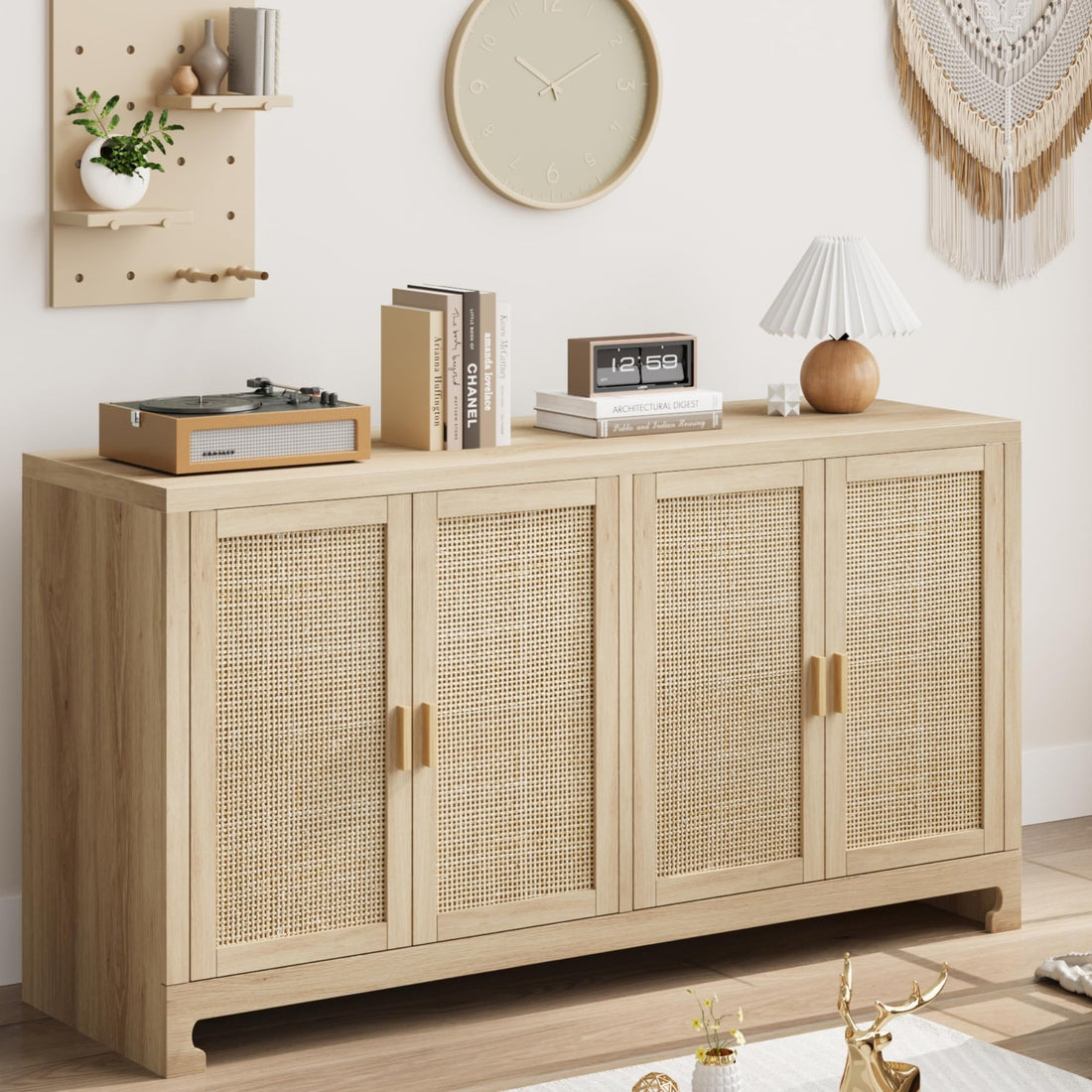 Meuble de rangement Garvee 40 pouces style bohème moderne avec portes en rotin tressé, étagère réglable pour salon et cuisine, blanc et marron, compact