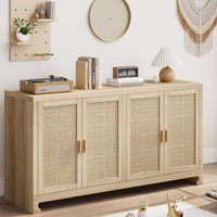 Garvee meuble de rangement 102 cm style bohème moderne avec portes en rotin tressé, étagère réglable pour le salon et la cuisine, blanc et marron, compact